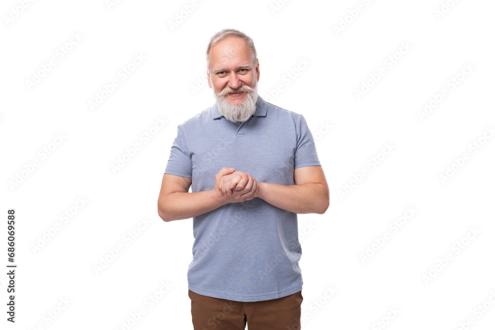 confused old man with white mustache and beard dressed in basic t-shirt and pants confused old man with white mustache and beard dressed in basic t-shirt and pants