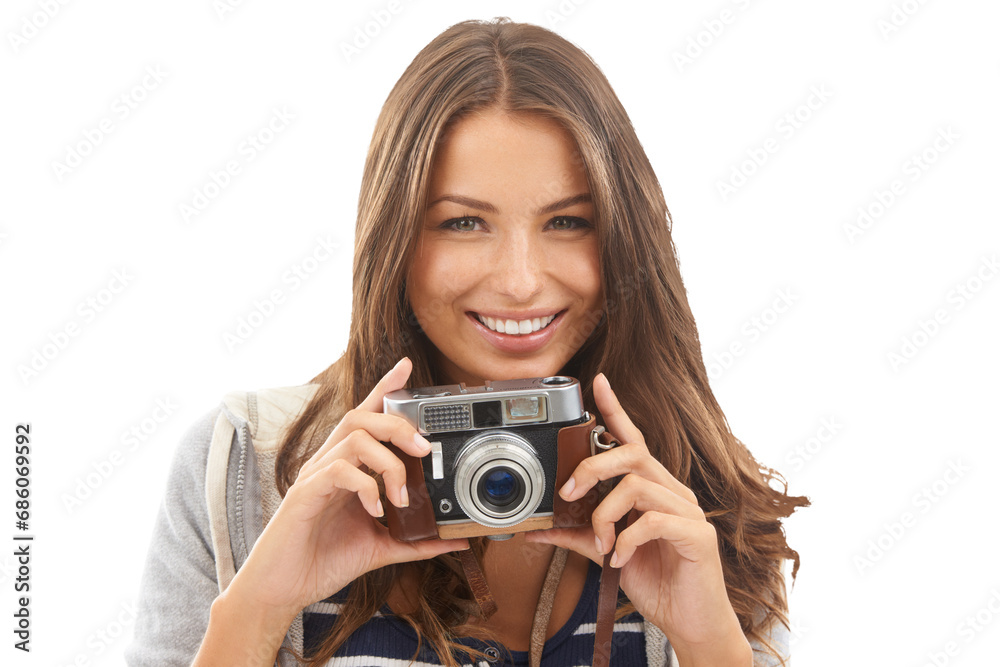 Woman, camera and portrait for travel holiday or adventure, explore or isolated transparent png background. Female person, face and digital device at tourist destination journey, photography on trip Woman, camera and portrait for travel holiday or adventure, explore or isolated transparent png background. Female person, face and digital device at tourist destination journey, photography on trip