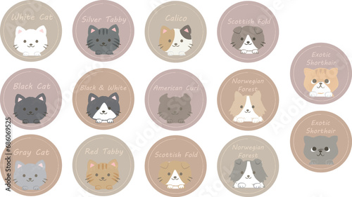 ひょっこり顔をだすかわいい猫の顔のセット　猫種アイコン