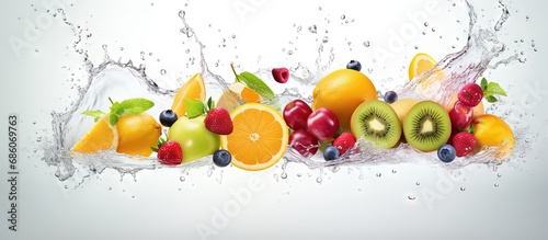 Fruit mixed and falling into splashing juices on a white background Copy space image Place for adding text or design