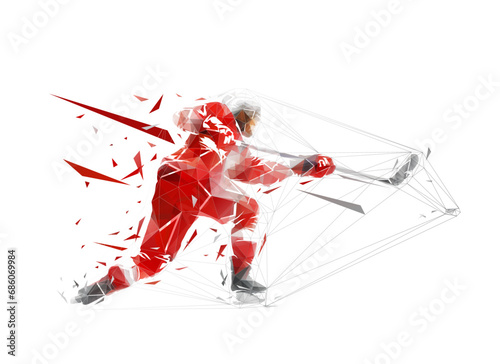Hockey player shooting puck  isolated low poly vector illustration  side view. Ice hockey team sport