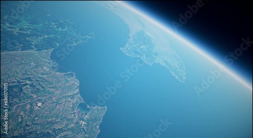 A view from a satellite flying above Aotearoa New Zealand. South to North Island. Picton to Wellington.