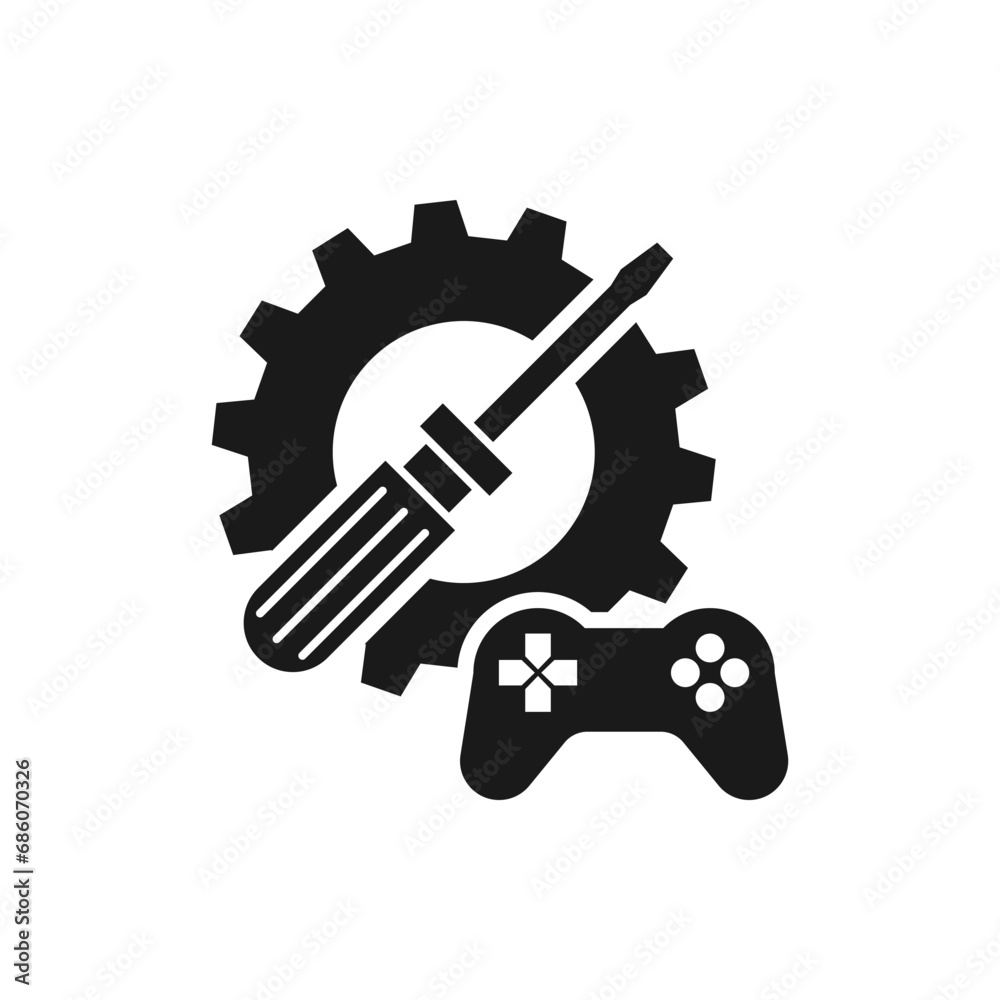 Gaming settings. Joystick with gear and screwdriver icon flat style isolated on white background. Vector illustration Gaming settings. Joystick with gear and screwdriver icon flat style isolated on white background. Vector illustration