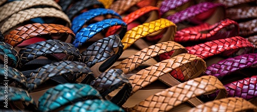 Flip flops made of genuine leather a close up of multicolored woven sandals in the shoe market Copy space image Place for adding text or design photo