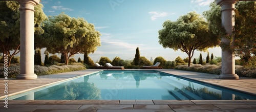 Gardens swimming pool and architectural pictures Copy space image Place for adding text or design