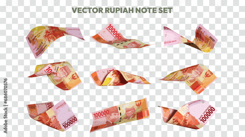 Fototapeta premium Vector illustration of set of 100000 Indonesian rupiah notes flying in different angles and orientations. scalable and editable eps