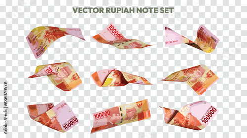 Vector illustration of set of 100000 Indonesian rupiah notes flying in different angles and orientations. scalable and editable eps
