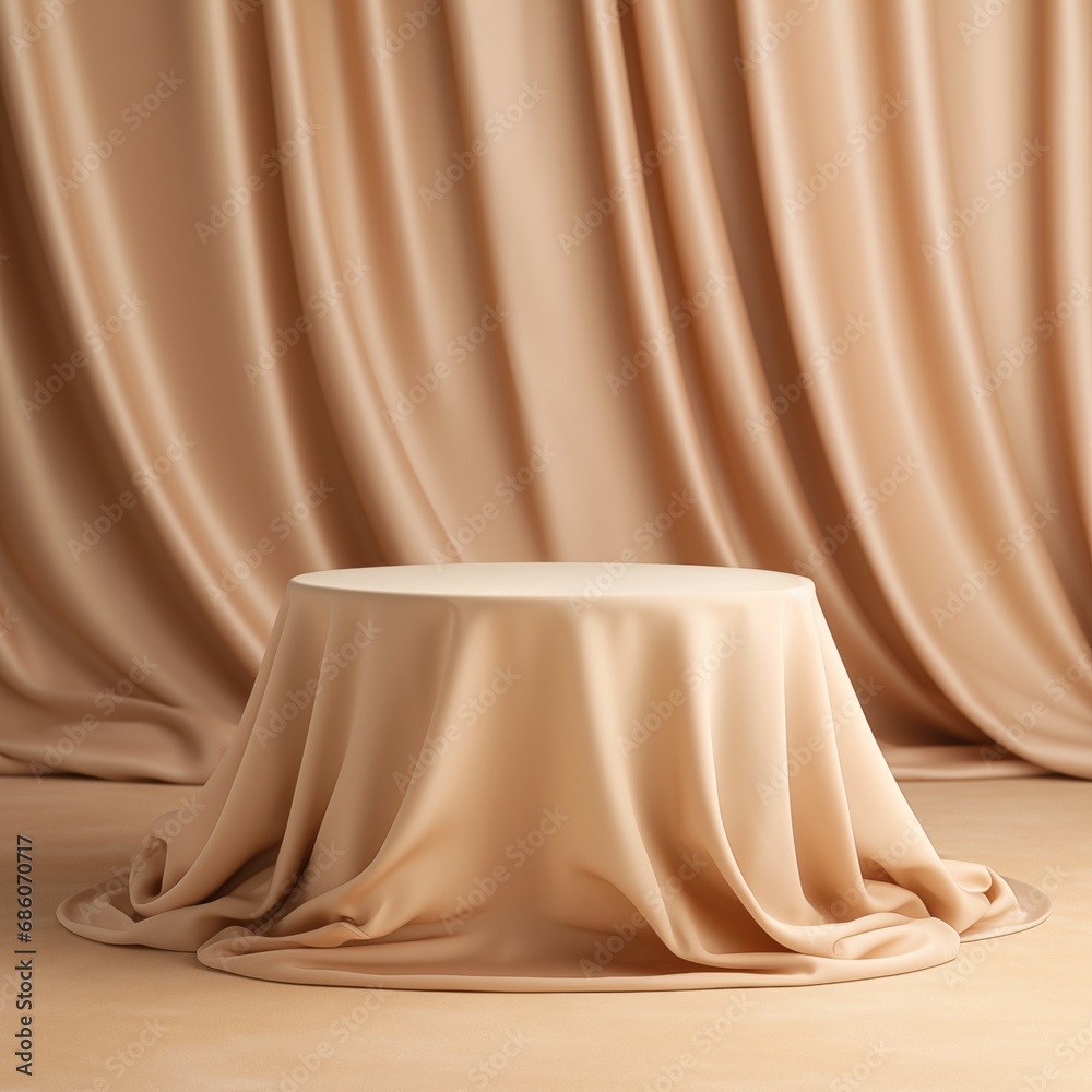 Empty round podium with background covered with beige cloth. Stand against the background of beige silk fabric curtains. Extension 7000x3500. High quality 3d illustration