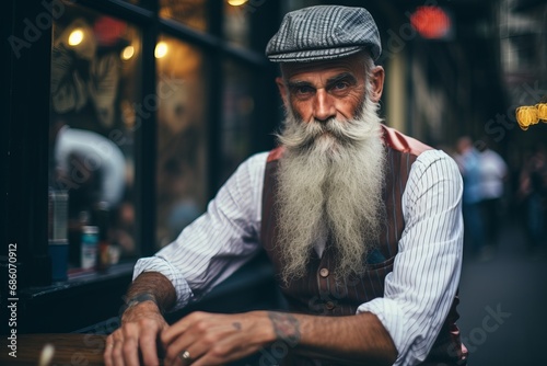 Mature bearded hipster man sitting in a bar in Paris, France