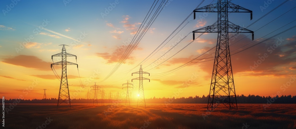 Evening silhouettes of high voltage towers and a stunning sunset Copy space image Place for adding text or design