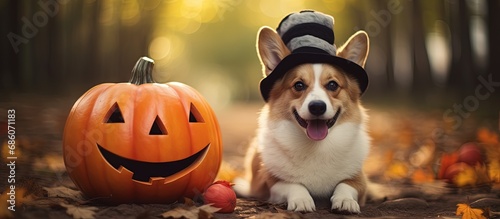 Fancy black hat wearing corgi and striped cat with pumpkin in autumn park Copy space image Place for adding text or design © Gular