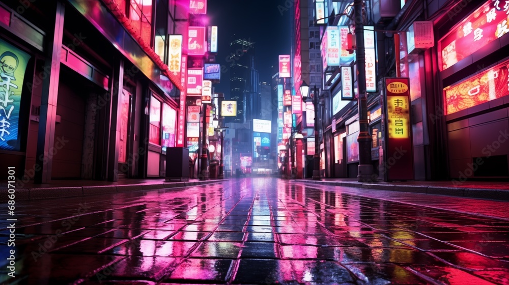 A night of the neon street at the downtown in Shinjuku Tokyo wide shot