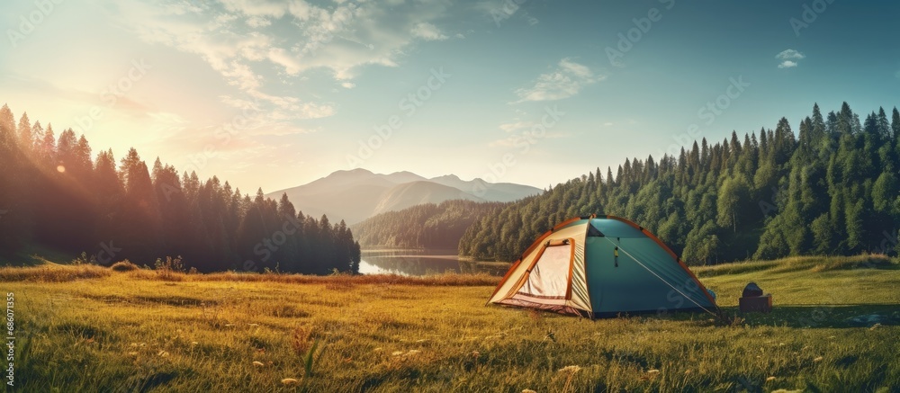 Forest camp with tourist tent amidst meadow Copy space image Place for adding text or design - obrazy, fototapety, plakaty 
