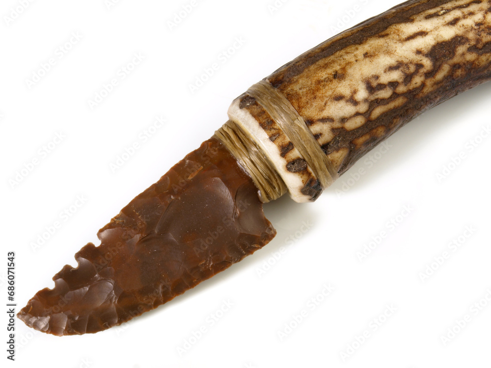 Stone Age Knife with Horn Handle  isolated on white Background