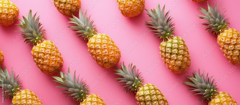 Fresh pineapples arranged in a colorful fruit pattern on a pink background seen from above Copy space image Place for adding text or design Fresh pineapples arranged in a colorful fruit pattern on a pink background seen from above Copy space image Place for adding text or design