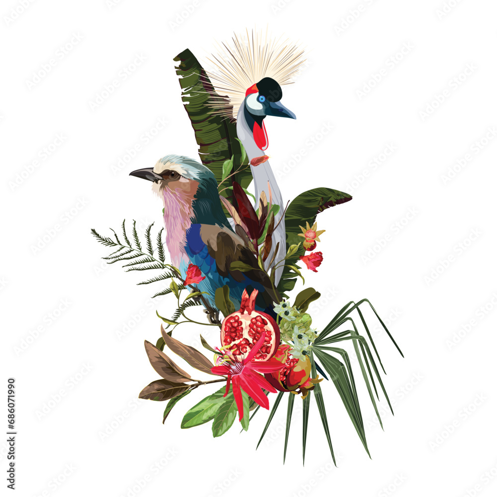 Lilac breasted Roller bird, crane. Tropical arrangements with leaves, flowers,  bird and pomegranate fruit for party invitations and poster designs.