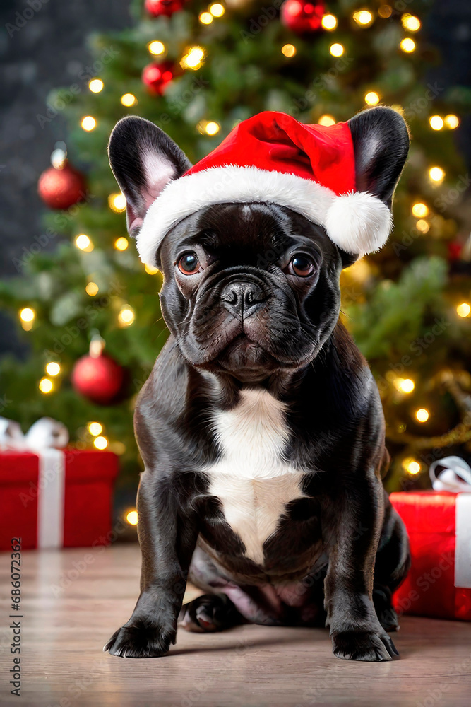 New Year's happiness pets. Black French Bulldog dog wearing a santa hat near the Christmas tree.