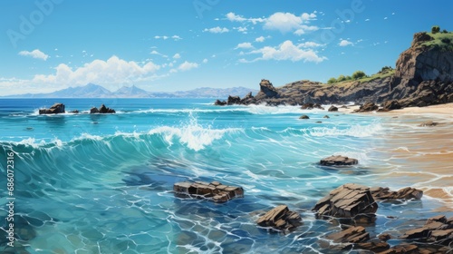 A painting of a beach with rocks and water.