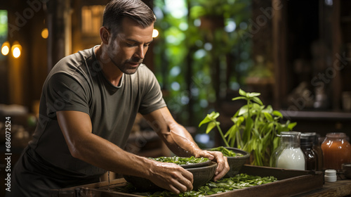 Man Cultivating Vibrant Green Microgreens on a Dark Table