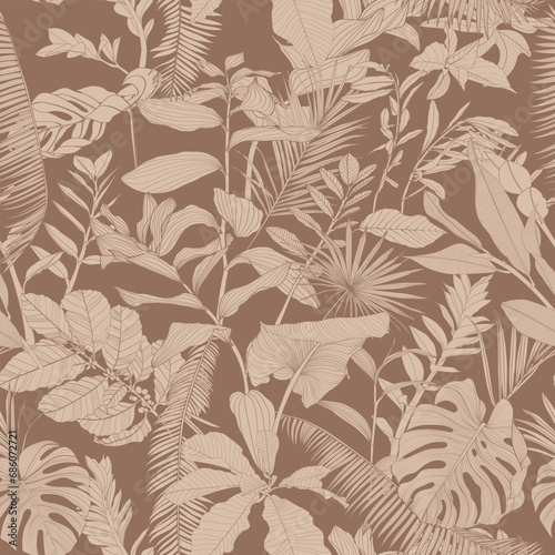 Seamless pattern background with Solomon's seal (Polygonatum multiflorum), palms, monstera leaf drawing illustration. Exotic tropical line illustration.