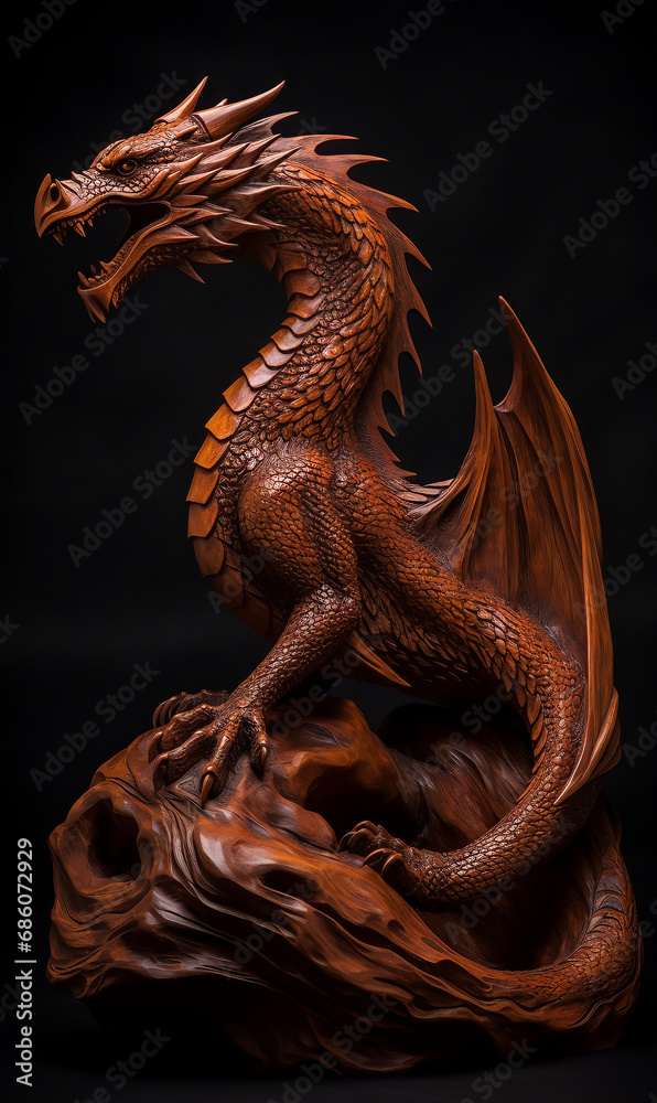 Dragon in the dark. Dragon statue on a black background. A dragon sculpture made of wood. Mahogany wood.