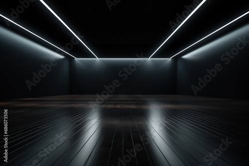 Dark empty room with wooden floor and lighting on the ceiling. Generated by artificial intelligence photo
