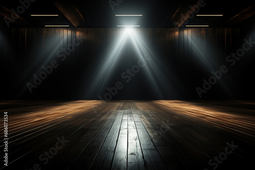 An empty room for a performance in the rays of spotlights and wooden floor. Generated by artificial intelligence
