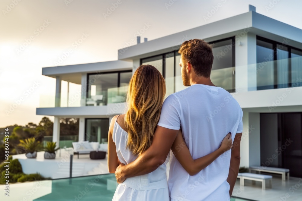 young couple looking at their dream home, standing in front of new big modern house, outdoor, rear view young couple looking at their dream home, standing in front of new big modern house, outdoor, rear view