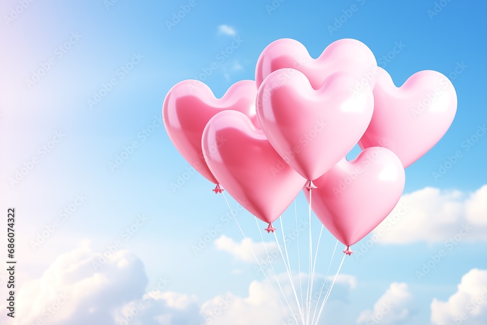 heart-shaped balloons fly in the blue sky, love concept, valentine's day, symbol of love