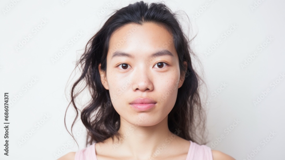 Imperfect skin adds authenticity to the closeup portrait of an Asian woman. Imperfect skin adds authenticity to the closeup portrait of an Asian woman.