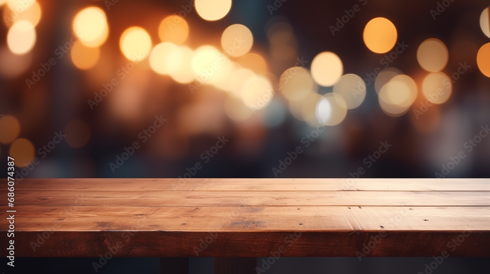 Empty rustic wood table and blurred soft light table in restaurant with bokeh background. product display template.Business presentation. Empty rustic wood table and blurred soft light table in restaurant with bokeh background. product display template.Business presentation.