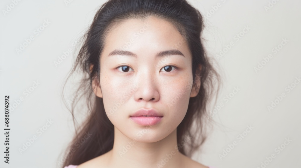 Asian woman with closeup portrait and imperfect skin gazes at the camera. Asian woman with closeup portrait and imperfect skin gazes at the camera.