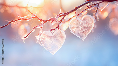 two crystal ice hearts hanging on a branch on a sunny frosty day, sparkle in the sun photo