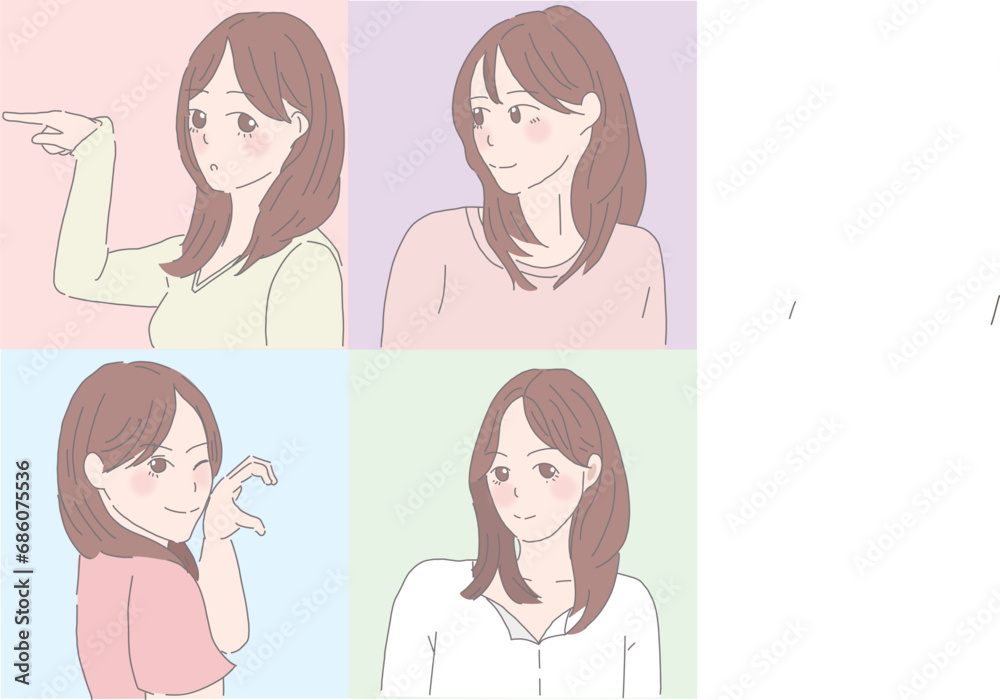 four pictures that show a woman's expressions, in the style of salon kei, pastel color scheme, the pictures generation, simple, 8k, spontaneous gesture, princesscore four pictures that show a woman's expressions, in the style of salon kei, pastel color scheme, the pictures generation, simple, 8k, spontaneous gesture, princesscore