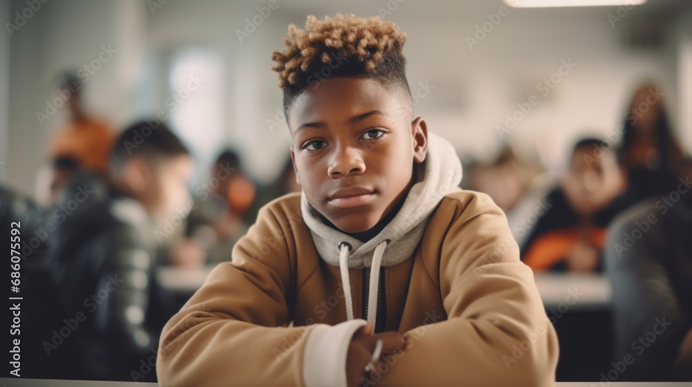 Expressing a sense of isolation, a sad teen boy sits alone at a classroom table, his gaze fixed on the camera. Expressing a sense of isolation, a sad teen boy sits alone at a classroom table, his gaze fixed on the camera.