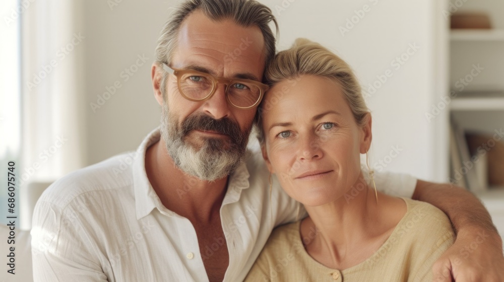 Fototapeta premium Embraced in their European abode, this couple radiates affection.