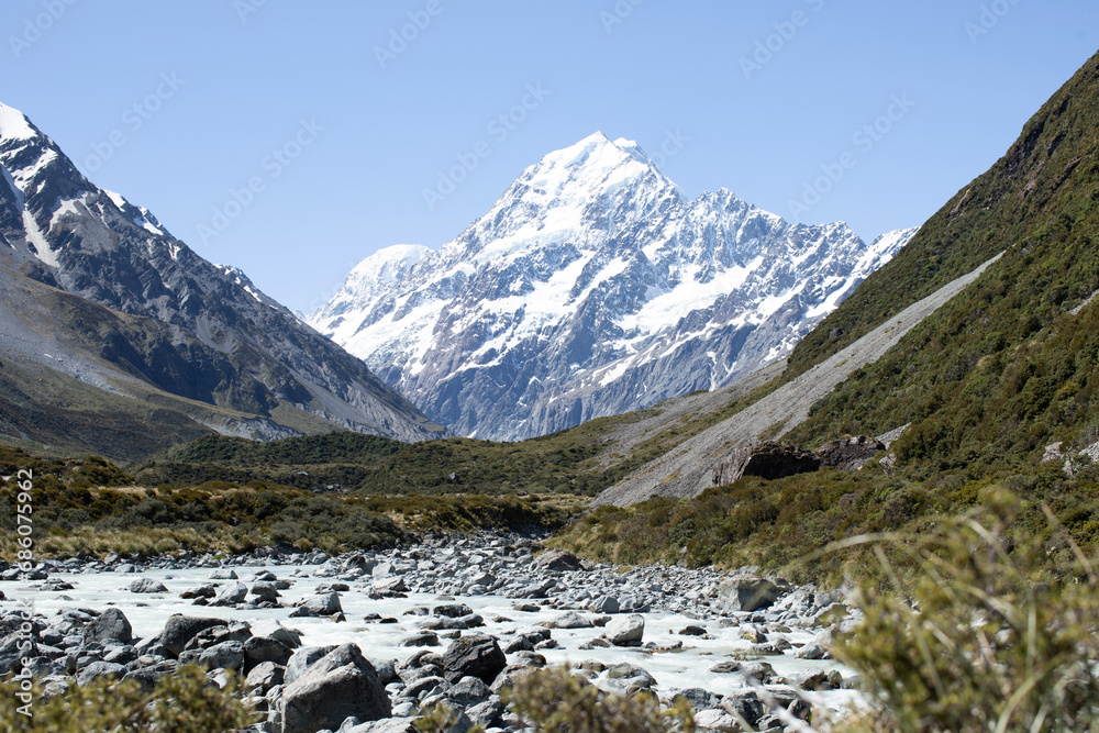 Landscape of a snowy mountain and a mountain river. Aoraki, Mount Cook National Park on New Zealand