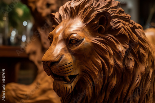 A male lion's head was carved out of wood. Mahogany wood.