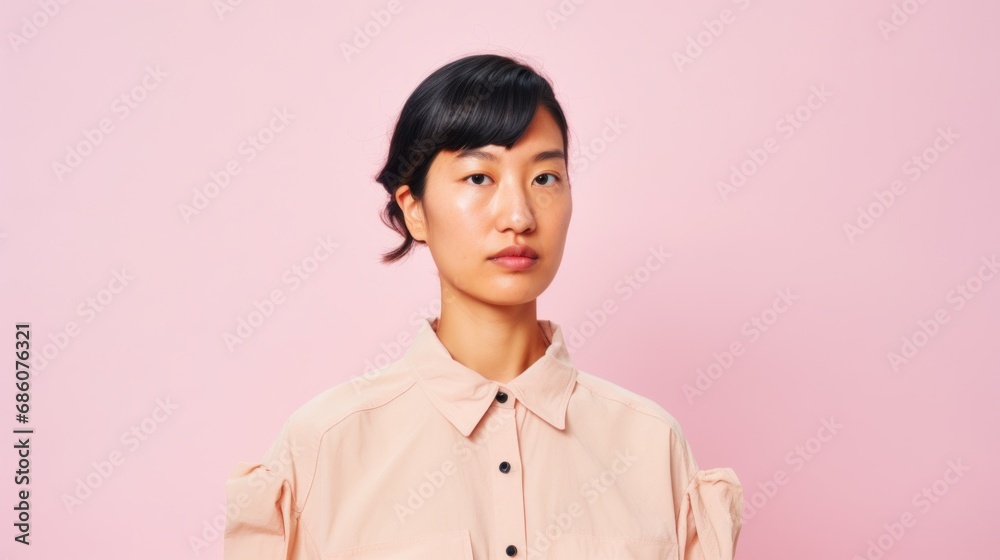 A fashionable Asian beauty with diverse hairstyles and makeup gazes confidently at the camera, clad in modern neutral attire against a soft pink studio backdrop. A fashionable Asian beauty with diverse hairstyles and makeup gazes confidently at the camera, clad in modern neutral attire against a soft pink studio backdrop.