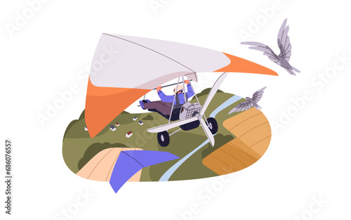 Happy people flying on hang glider in air. Man hanggliding on delta wing in sky. Guy paragliding, gliding on deltaplan with motor. Flight under country. Flat isolated vector illustration on white