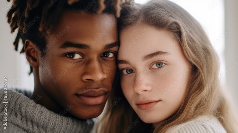 A smiling mixed-race pair finds comfort and joy in each other's arms.