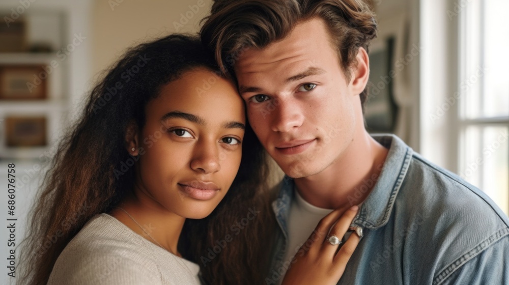 Love blossoms as a young couple with different backgrounds embraces indoors. Love blossoms as a young couple with different backgrounds embraces indoors.