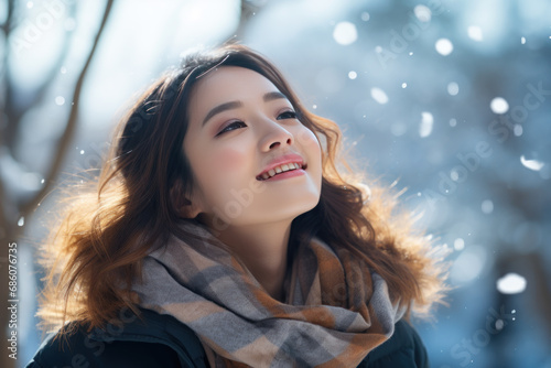A asian woman breathes calmly looking up enjoying winter season