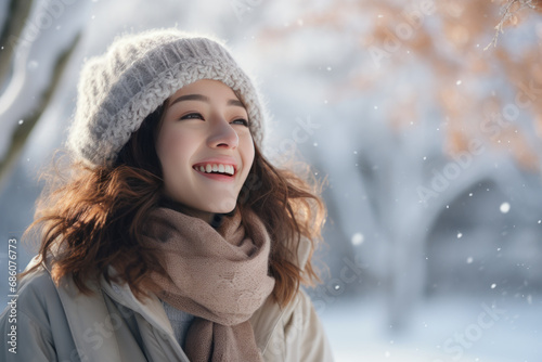 A asian woman breathes calmly looking up enjoying winter season