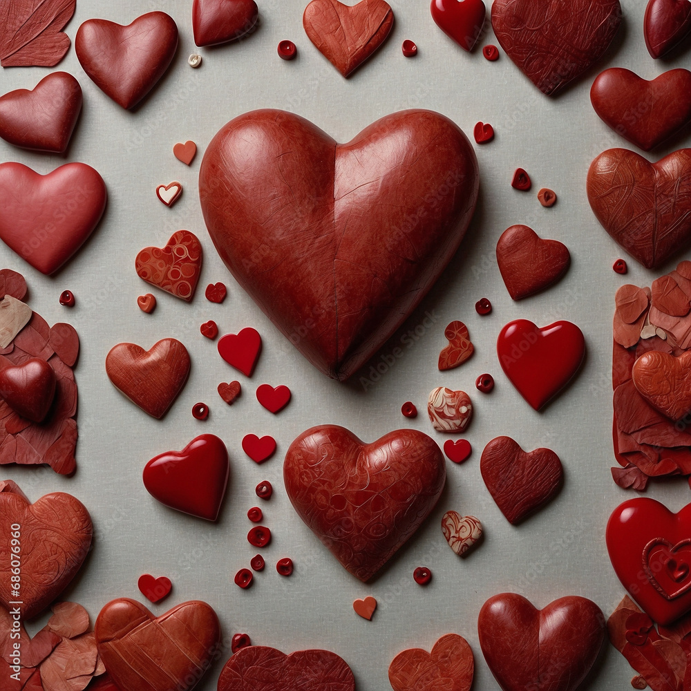 Obraz premium Collage of red hearts, crafted in various textures, evoking the essence of St. Valentine's concept. St. Valentine's hearts background series.