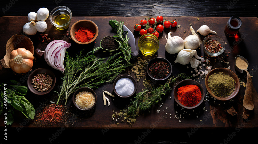Ingredients for cooking at black table