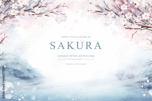 Greeting card template of сherry blossom flowers and branches in vector watercolor style. 