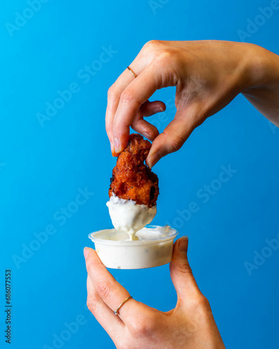 Fried Chicken Hot Wing Being Dipped Into Cool Ranch Sauce, Royal Blue Background, Editorial Creative Food Photography  photo