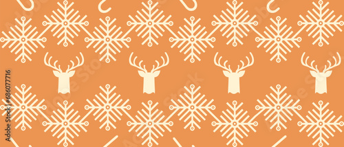 Design Apricot crush Christmas Wrapping paper with snowflakes and reindeer silhouette. Trendy Geometric XMAS background. Vector illustration can used textile, wallpaper print, web social media banner.