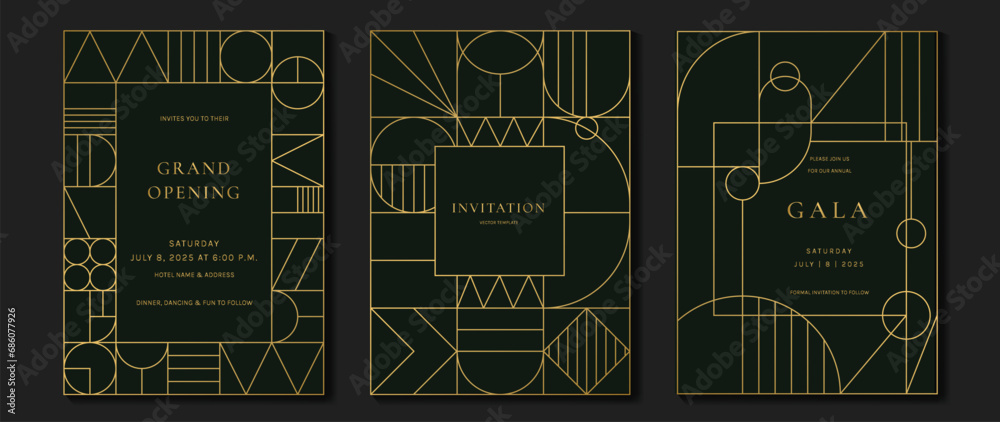 Luxury invitation card background vector. Elegant classic antique design, gold lines gradient on dark green background. Premium design illustration for gala card, grand opening, art deco.